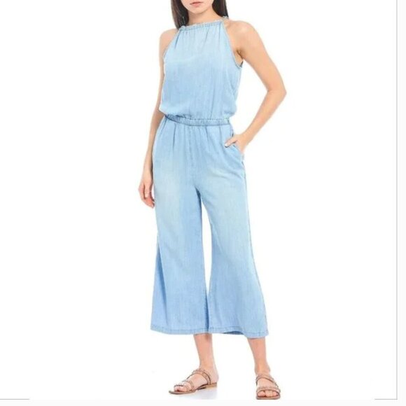 cloth & stone Pants - CLOTH & STONE Anthropologie Halter Neck Cropped JUMPSUIT Size S  Blue pockets